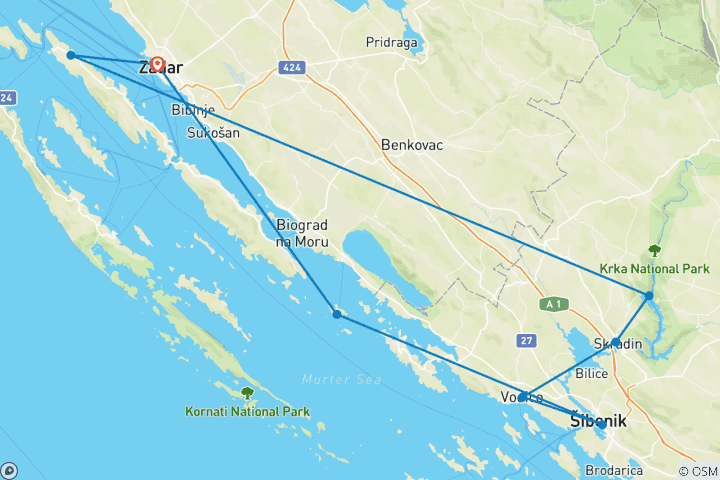 Kaart van Zeilen Kroatië Zadar en Krka watervallen