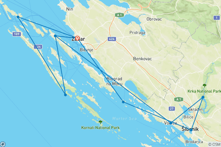 Carte du circuit Voilier en Croatie - 8 jours - de Zadar à Kornati et aux chutes d'eau de Krka