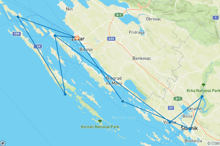 Carte du circuit Voilier en Croatie - 8 jours - de Zadar à Kornati et aux chutes d'eau de Krka