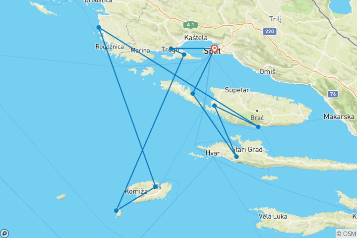 Map of Sailing Croatia 8 day -Split, the Blue Lagoon and Trogir