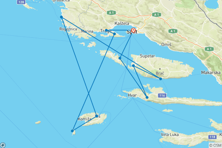 Mapa de Navegación Croacia 8 días -Split, Laguna Azul, Vis, Hvar, Bol y Trogir