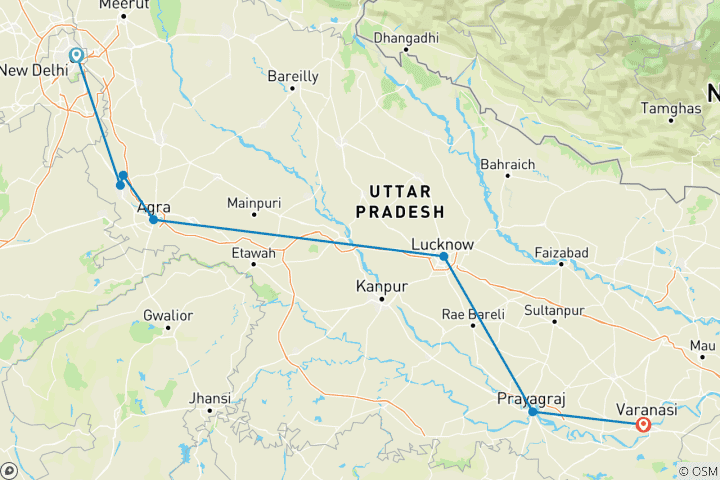 Carte du circuit Voyage spirituel dans le Triangle d'Or : De Delhi à Varanasi en passant par Mathura, Agra, Lucknow et Ayodhya !