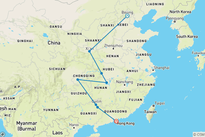 Carte du circuit 15 jours Anneau d'or de la Chine avec Hong Kong (guide privé et chauffeur)Voyage en famille personnalisable)