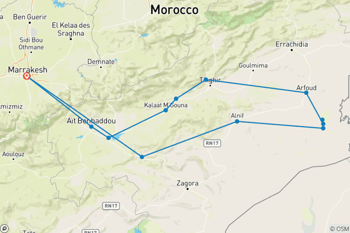 Carte du circuit Au départ de Marrakech : 4 jours dans le désert de Merzouga et camp de luxe privé
