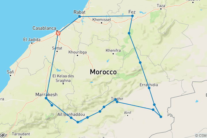 Carte du circuit Circuit privé de 9 jours au Maroc au départ de Casablanca : Culture authentique, désert et villes impériales