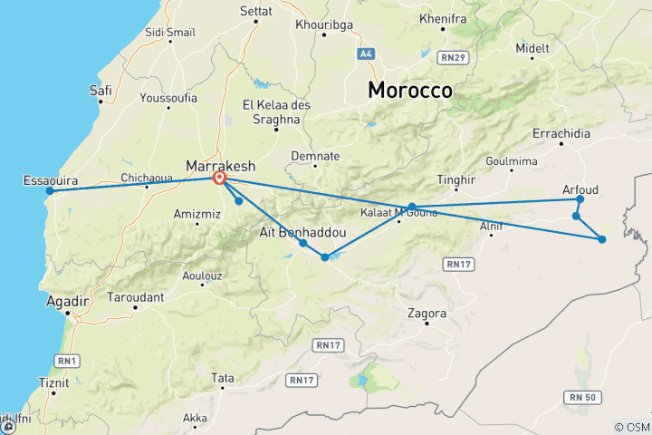 Carte du circuit Circuit gastronomique privé de 7 jours au Maroc et expérience dans le désert du Sahara au départ de Marrakech