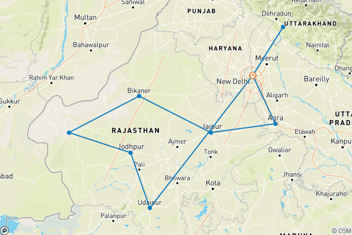 Kaart van Koninklijk Rajasthan met Yoga HoofdstadagenRishikesh