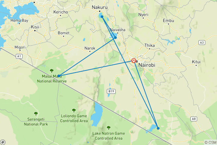 Carte du circuit Safari en groupe de 8 jours au Kenya - Dates de départ fixes