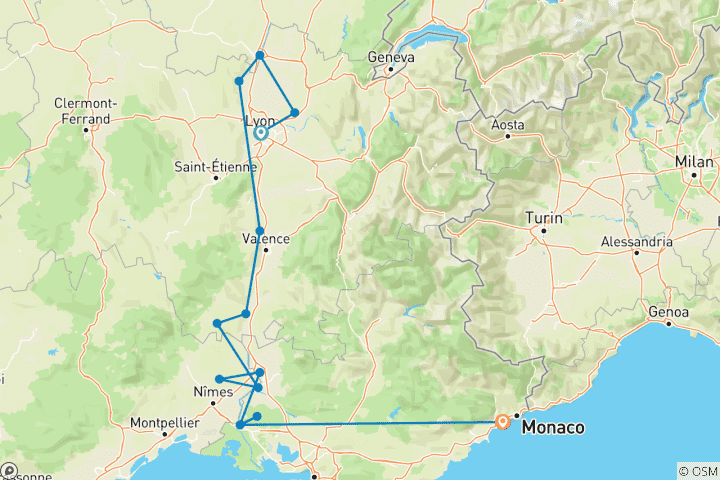 Carte du circuit Sensations de Lyon et de la Provence 2027 - 8 jours