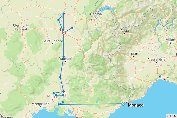 Carte du circuit Sensations de Lyon & Provence 2027 - 8 jours (de Nice à Lyon)
