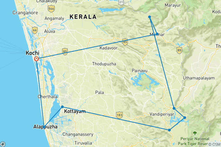 Kaart van Betoverende Rondreis door door Zuid –India vanuit Kochi (Cochin)