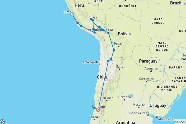 Karte von Peru, Bolivien & Chile Rundreise - 20 Tage auf den legendären Pfaden der Inka