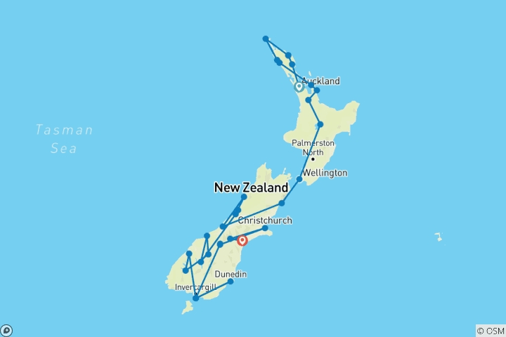 Karte von Naturwunder Neuseelands (von Auckland bis Geraldine)