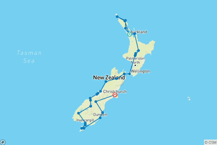 Karte von Naturwunder Neuseelands (von Auckland bis Christchurch)
