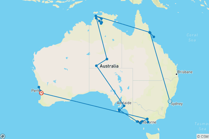 Carte du circuit Les hauts lieux de l'Australie (de Sydney à Perth)