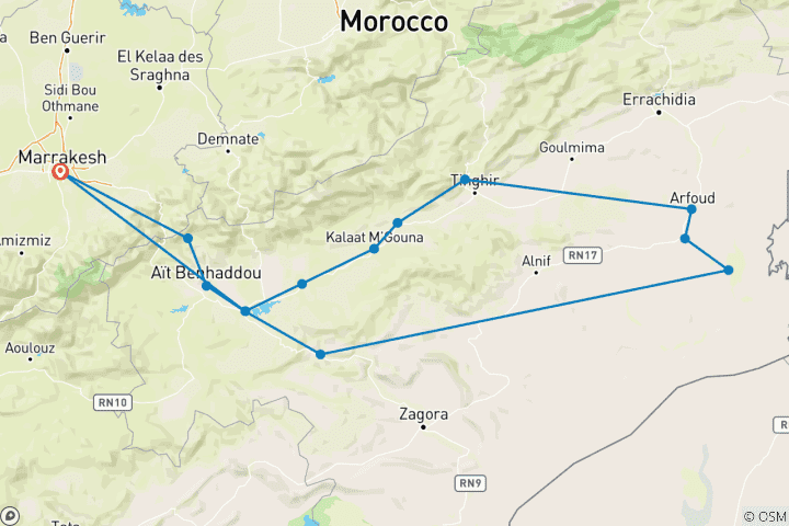 Karte von 3-tägige private Wüstentour von Marrakesch zum Erg Erg Chebbi, Luxus-Wüstencamp