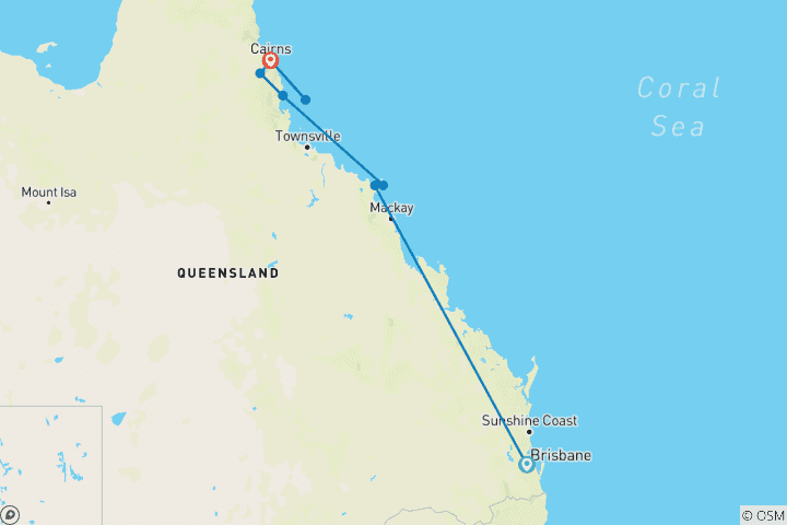 Carte du circuit De Brisbane à Cairns - Circuit touristique de 7 jours