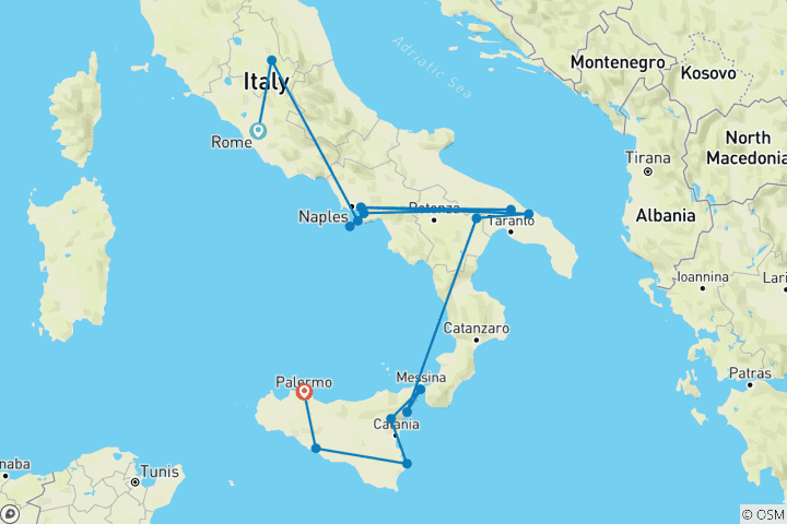 Carte du circuit Routes de campagne du sud de l'Italie et de la Sicile (petits groupes)