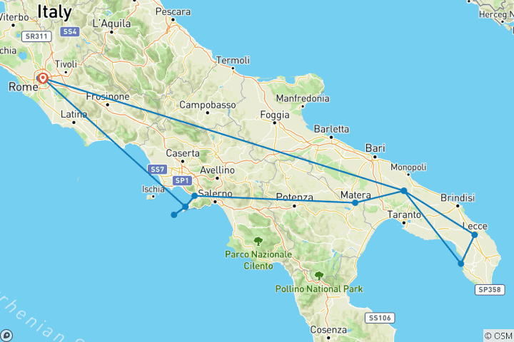 Carte du circuit Les routes de campagne du sud de l'Italie (groupe classique)