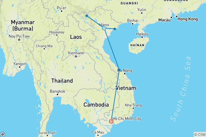 Mapa de Vacaciones de Aventura en Vietnam de 12 días - Circuito privado