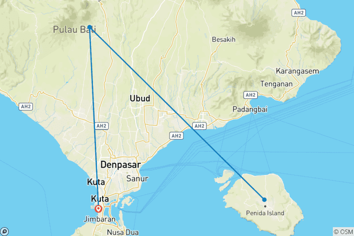 Map of 3 Days in Bali including West Nusa Penida Snorkeling Tour.