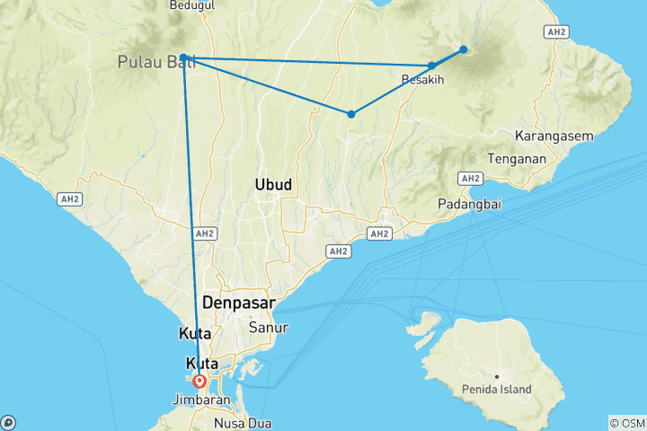 Map of 3 Days in Bali including Temples Tour: Besakih Temple, Penglipuran Village and More.