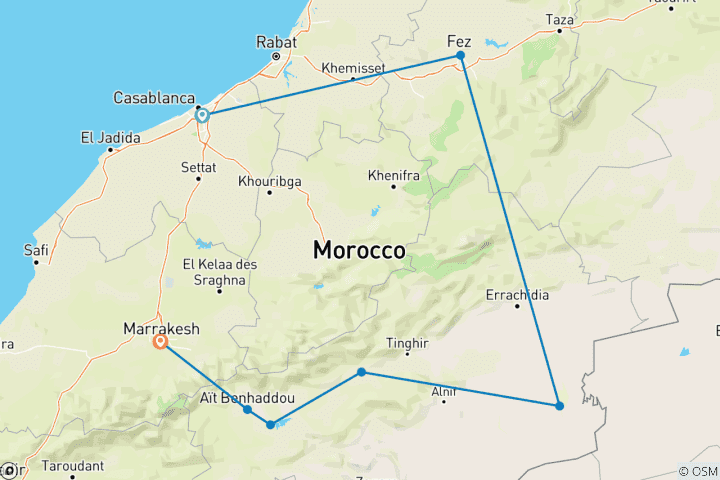 Karte von Private 5-tägige Marokko Sahara Wüsten Tour von Casablanca nach Marrakesch