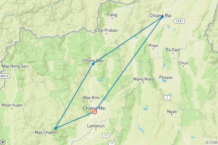 Map of 8 Days Enjoy Highlights of Chiang Mai and Chiang Rai.