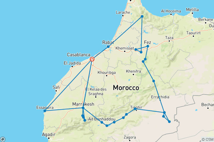 Kaart van 12-Daagse Magie van Marokko Rondreis Keizerlijke Steden & Sahara-woestijn vanuit Casablanca