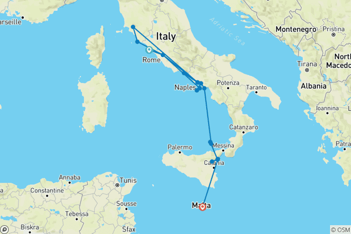 Mapa de Costa Amalfitana, Sicilia y Malta