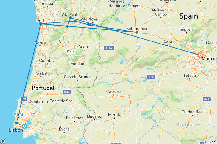 Carte du circuit Le Douro avec Lisbonne et Madrid