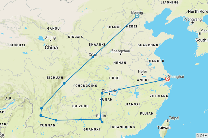 Kaart van 21-daagse rondreis door China op maat (eigen gids en chauffeur), volledig begeleid
