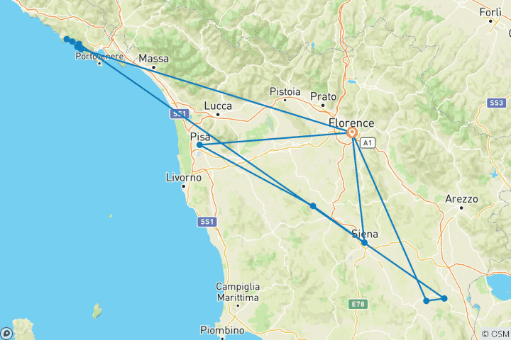 Karte von 7 Tage Highlights Italiens - Florenz, Toskana & Cinque Terre Reisepaket