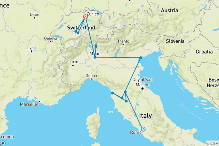 Mapa de Paquete turístico de 10 días por Italia y Suiza