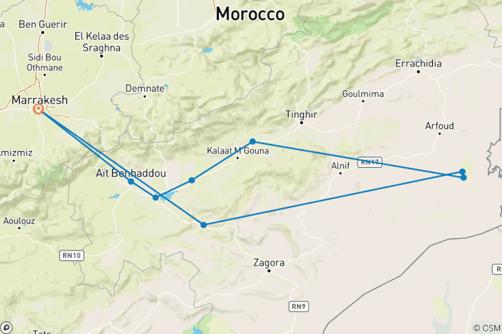 Kaart van Privé 3-daagse woestijntour van Marrakech naar Merzouga duinen en kamelentocht