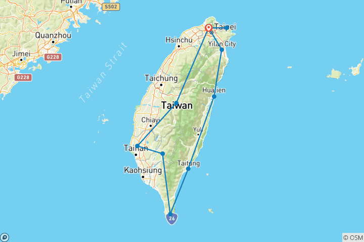 Map of 【Taiwan】10-Day Tour Package with featuring the Guard Change at Chiang Kai-shek Memorial Hall