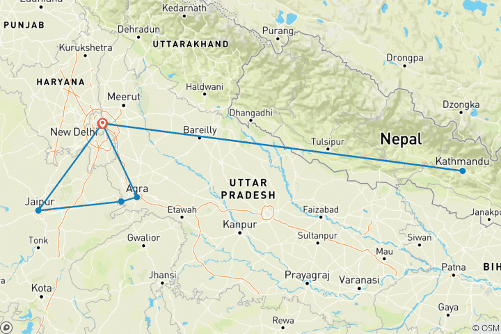 Kaart van 10 Dagen Gouden Driehoek met Nepal (Kathmandu) Rondreis