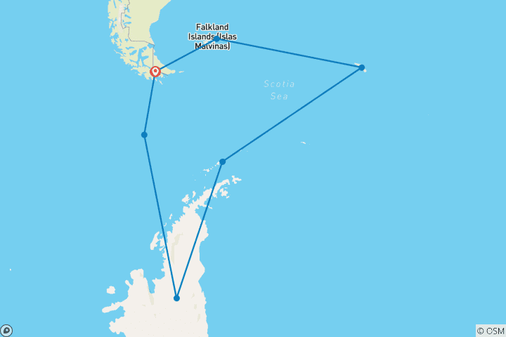 Carte du circuit EXPLORATEURS ET ROIS : LES ÎLES FALKLAND, LA GÉORGIE DU SUD ET L'ANTARCTIQUE