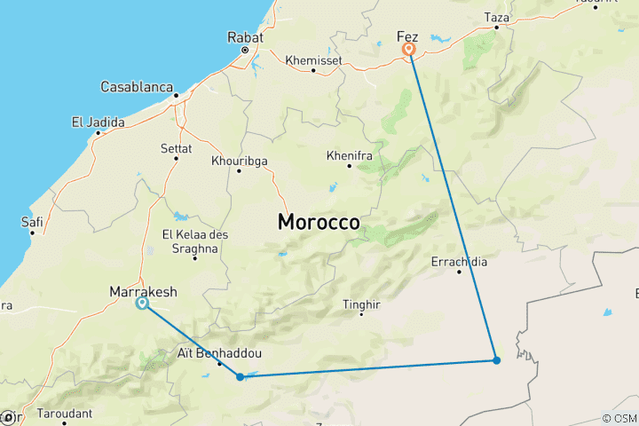 Karte von Private 4 Tage von Marrakesch nach Fès durch die Wüste Luxuriöses Wüstencamp