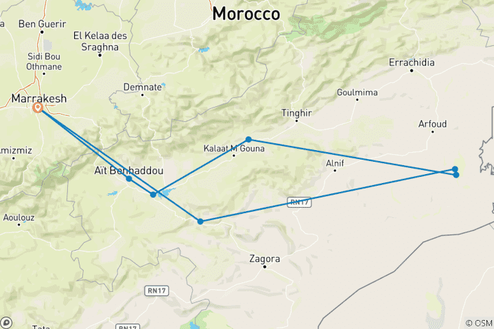 Karte von Private 5-tägige Marokko Tour von Marrakesch zur Erg Chebbi Sahara Wüste