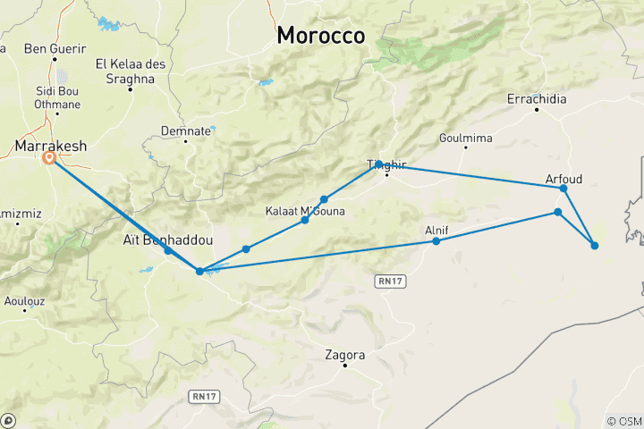 Map of 4-Day Private Sahara Tour from Marrakech: UNESCO sites, Dades Valley & Merzouga Desert