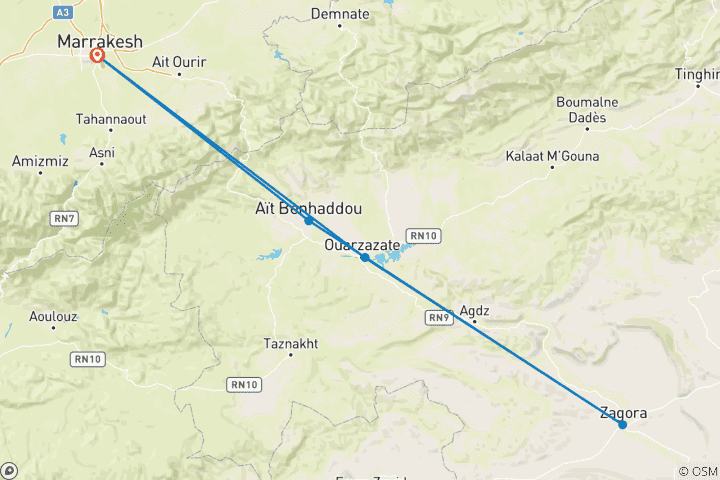 Carte du circuit Circuit privé de 2 jours au Sahara : Marrakech à Zagora, sites de l'UNESCO, randonnée chamelière et camp de luxe