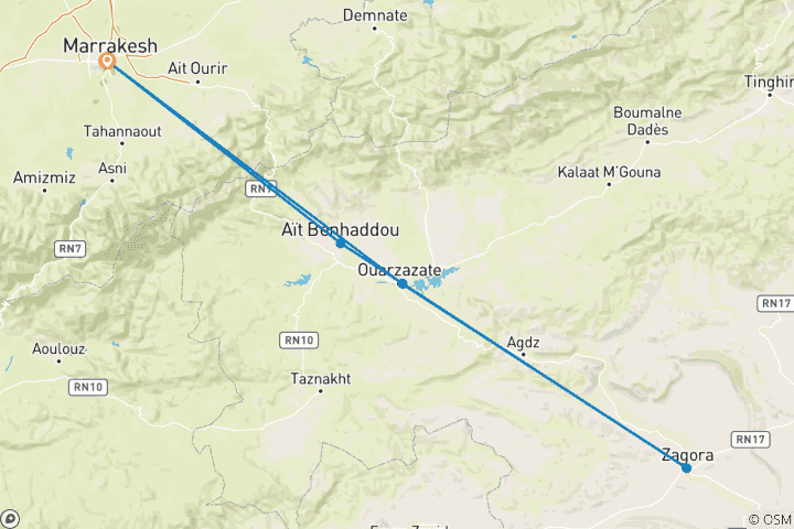 Carte du circuit Circuit privé de 2 jours au Sahara : Marrakech à Zagora, sites de l'UNESCO, randonnée chamelière et camp de luxe