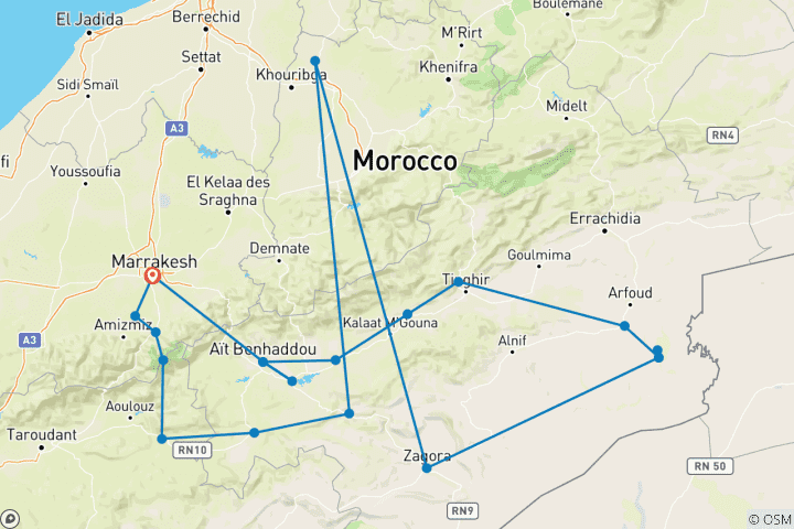 Carte du circuit Circuit de 10 jours de Marrakech à Marrakech via les villes impériales et le camp de luxe Desert Glamping