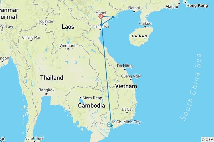 Mapa de 7 Días de Aventura Relajante de Saigón a Hanoi