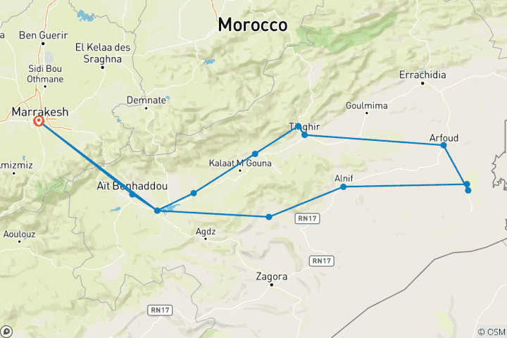Map of 3 Day Small Group Desert Tour from Marrakech to Erg Chebbi Dunes in Merzouga and Camel Trek