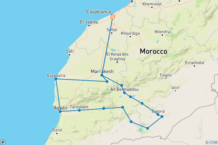Karte von 12-tägige Tour von Casablanca nach Marrakesch und in die kaiserlichen Städte über Sahara Luxury Desert Camp
