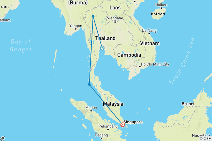 Map of 12 Days Thailand & Singapore Discovery  Family Tour (private guide & driver)Customizable