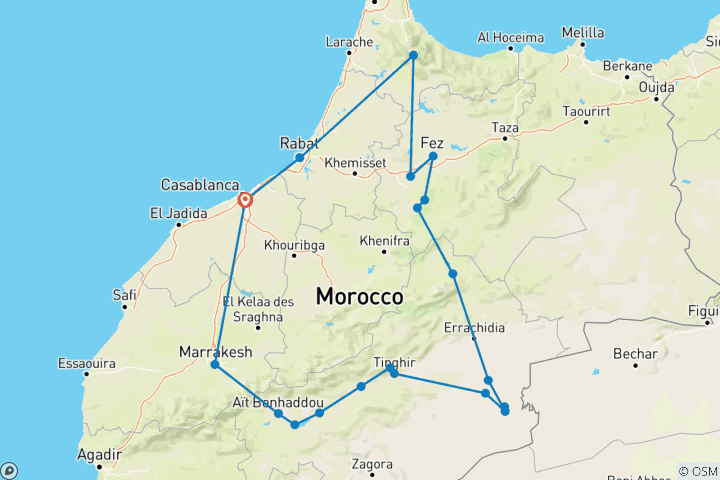 Carte du circuit Circuit privé de 9 jours au Maroc dans le désert du Sahara au départ de Casablanca, via Chefchaouen et Fès