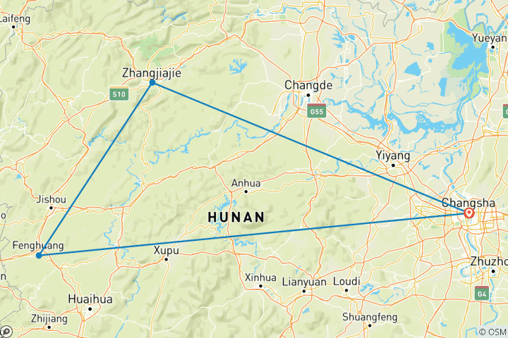 Kaart van 4-Daagse PRI Tour naar Zhangjiajie en de oude stad Fenghuang vanuit Changsha